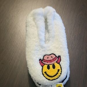 White Fuzzy Women's Slipper with Smiley Face